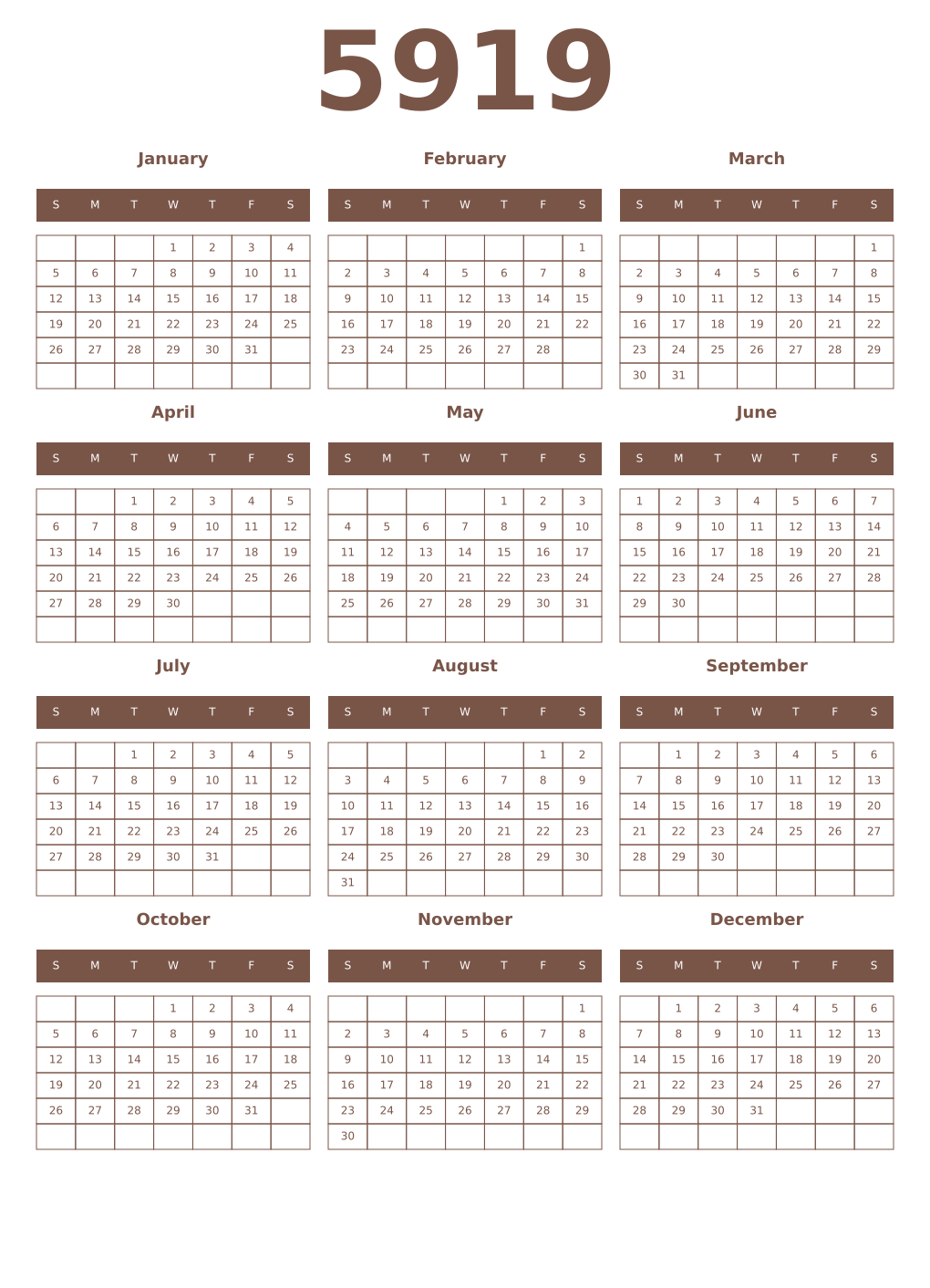 Printable 5919 Year Calendars coffe