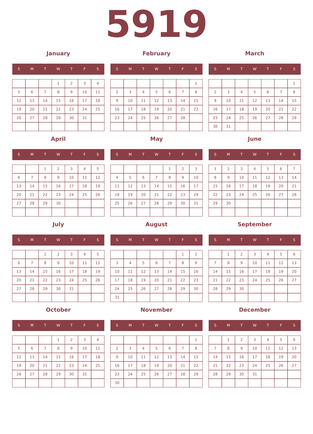 Printable 5919 Year Calendars cordovan