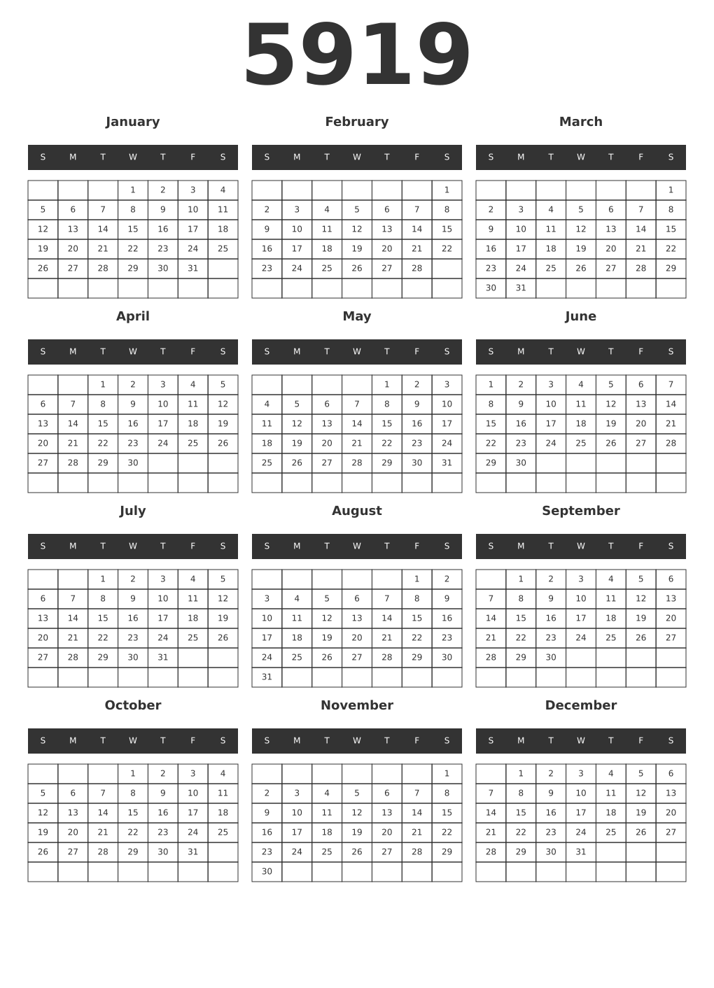 Printable 5919 Year Calendars dark