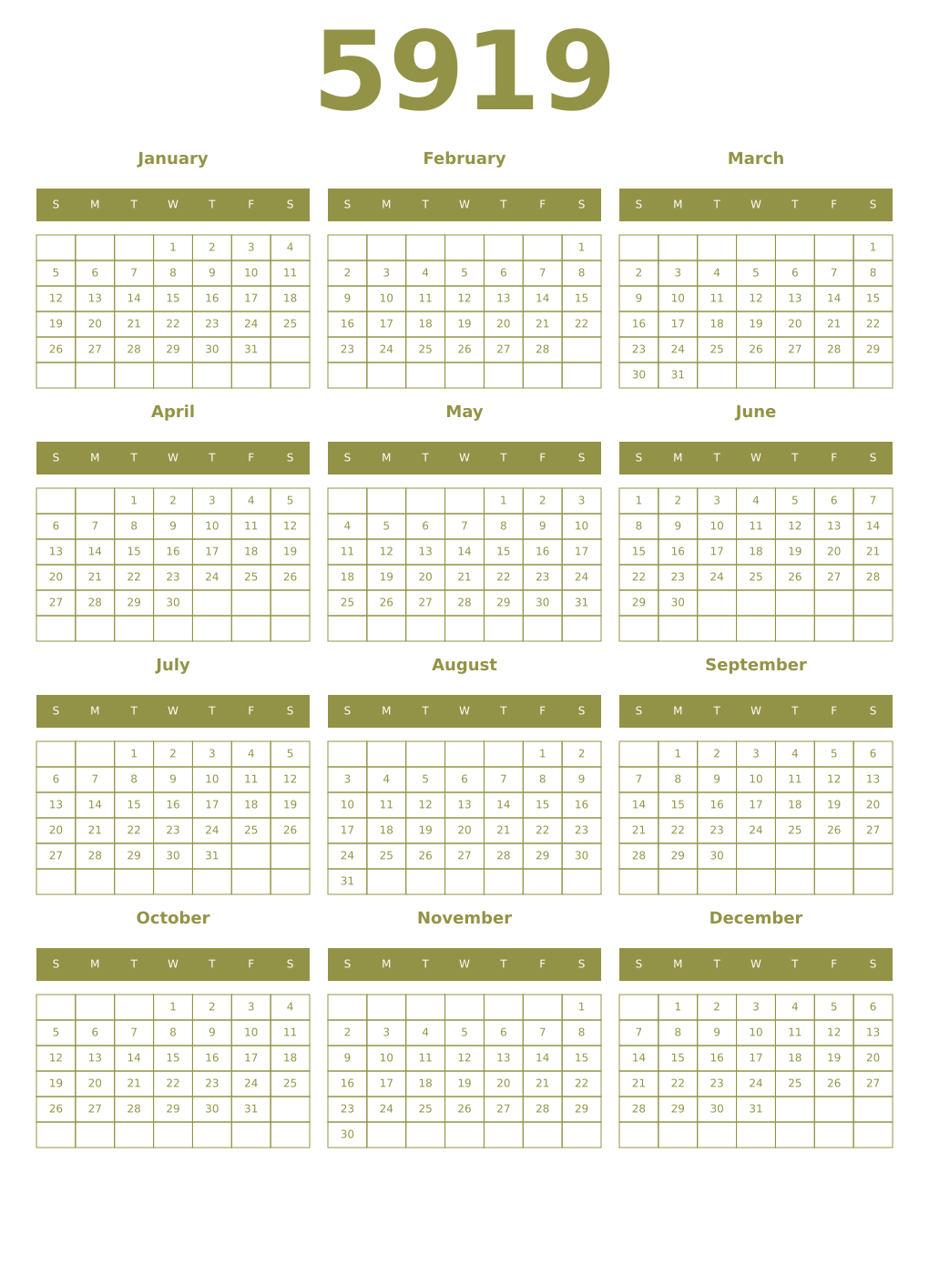 Printable 5919 Year Calendars eburnean