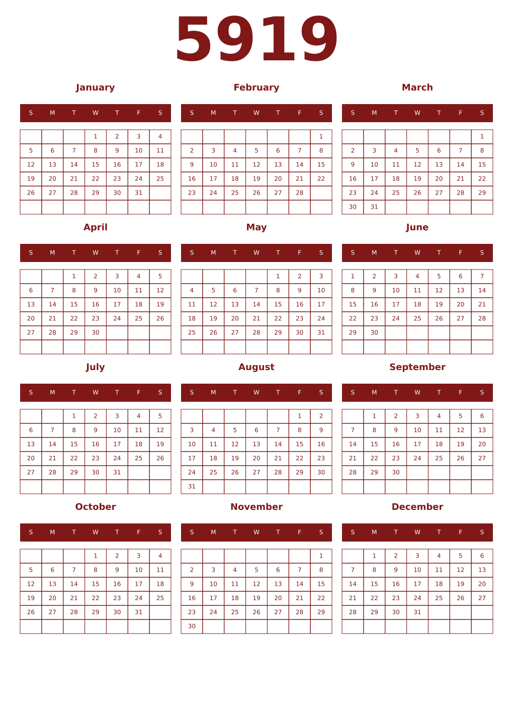 Printable 5919 Year Calendars falu
