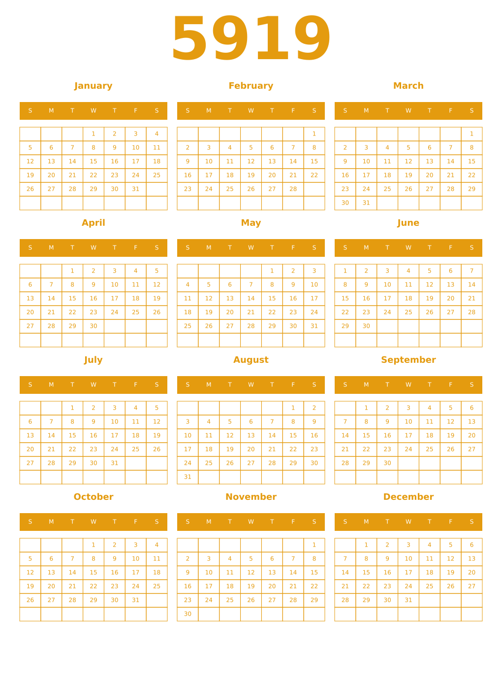 Printable 5919 Year Calendars gamboge