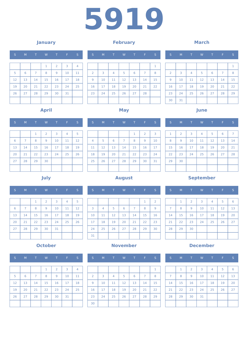 Printable 5919 Year Calendars glaucous