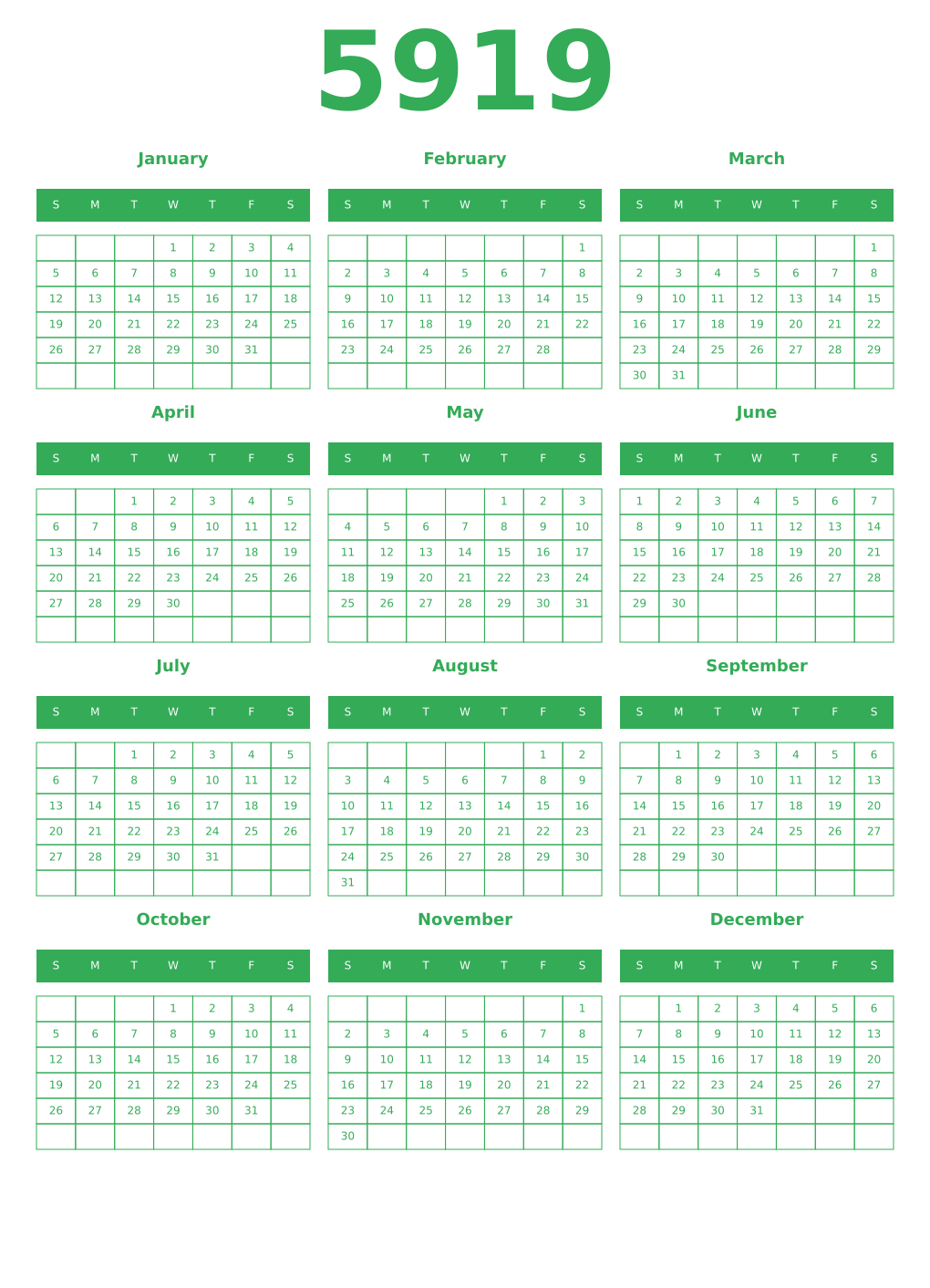 Printable 5919 Year Calendars green