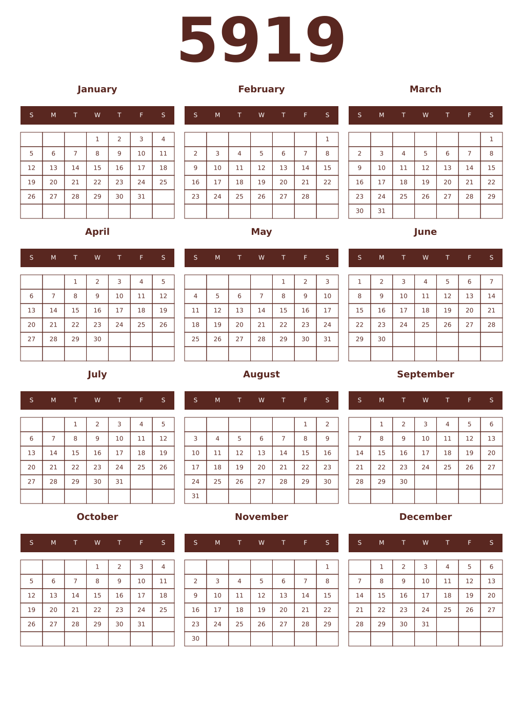 Printable 5919 Year Calendars mortuum