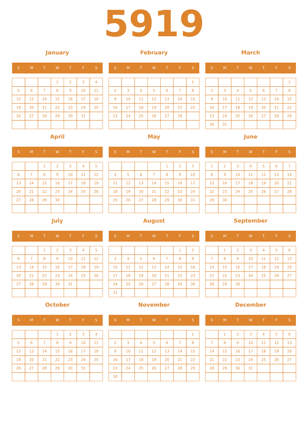 Printable 5919 Year Calendars orange