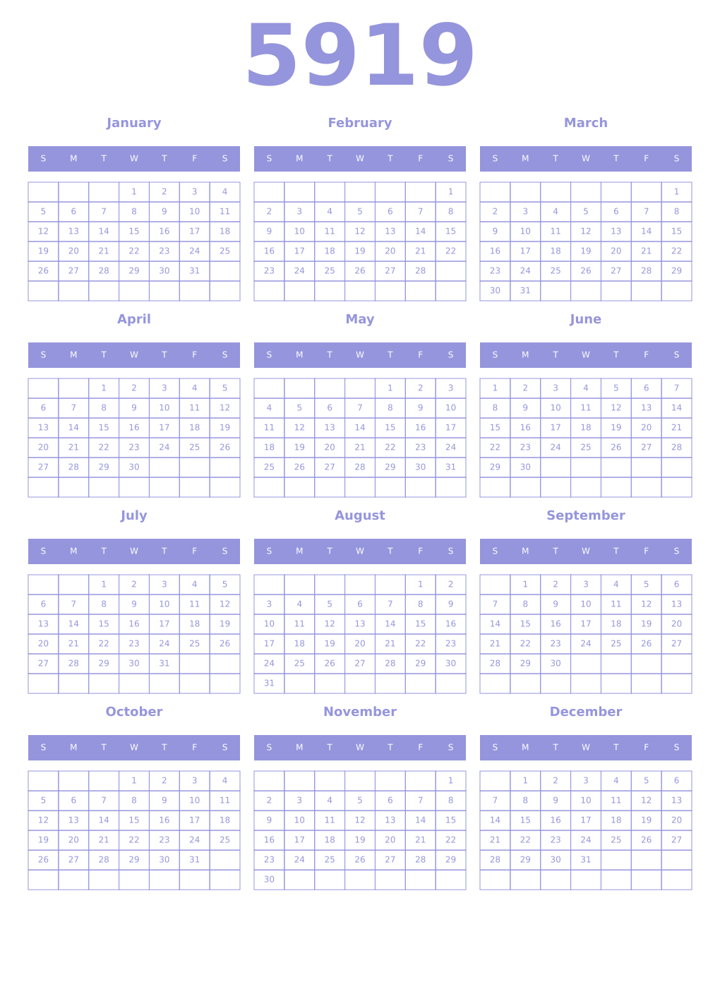 Printable 5919 Year Calendars periwinkle