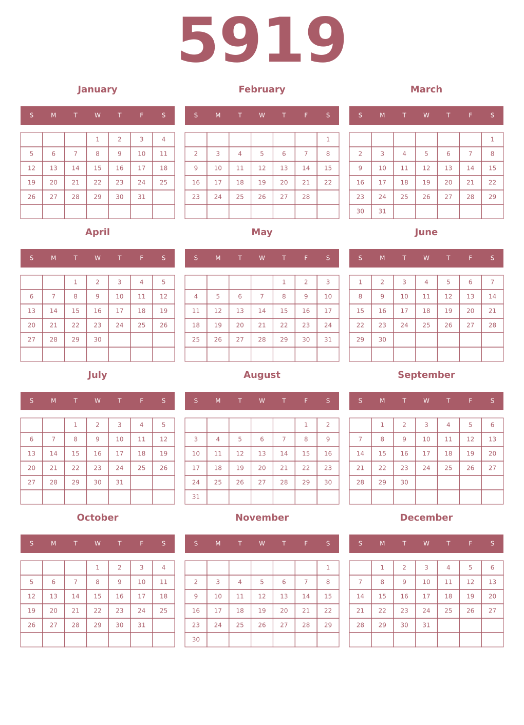 Printable 5919 Year Calendars puce