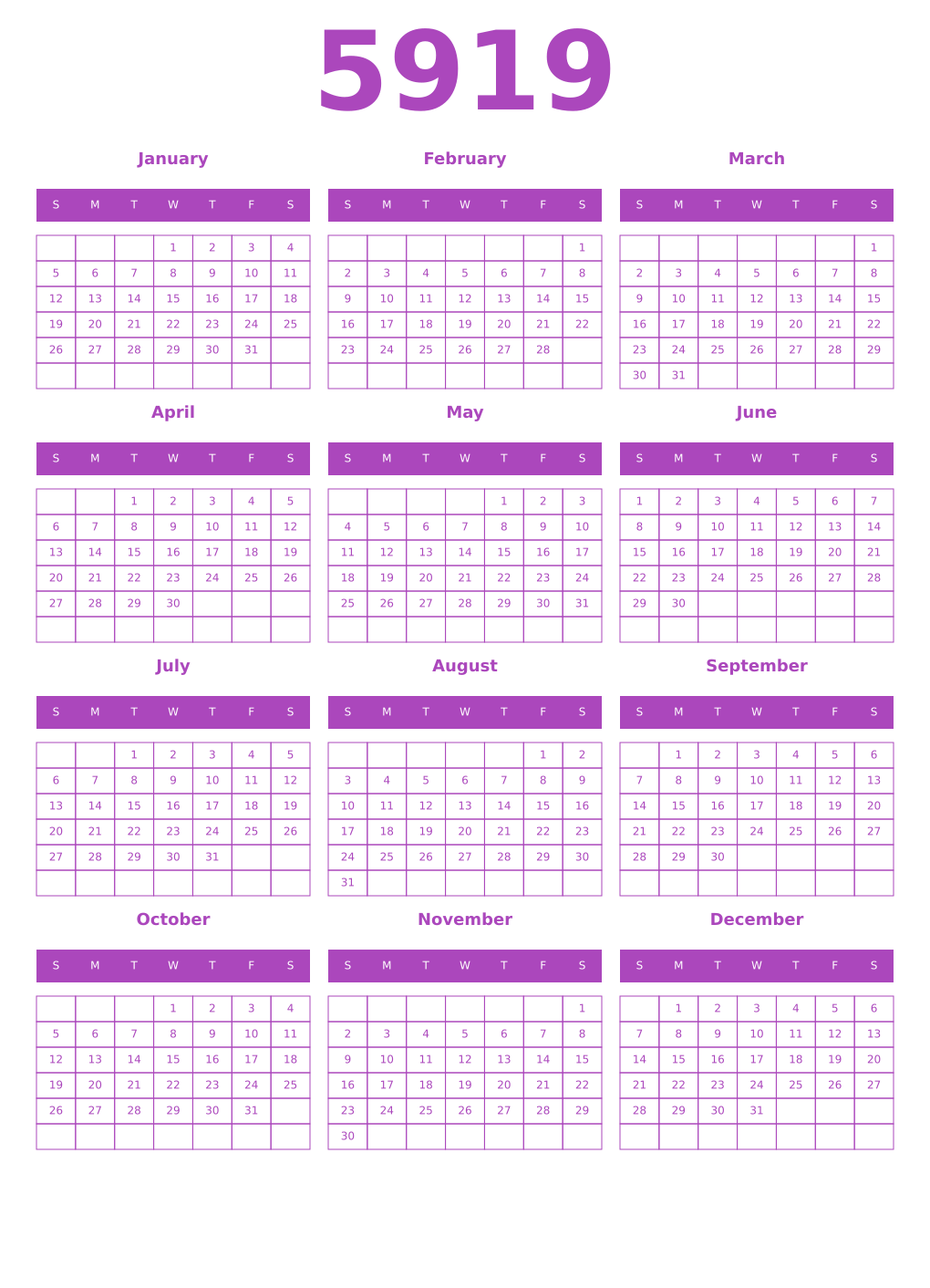 Printable 5919 Year Calendars purple
