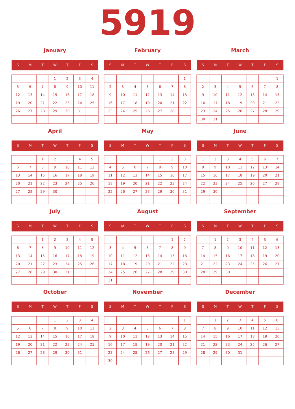 Printable 5919 Year Calendars red