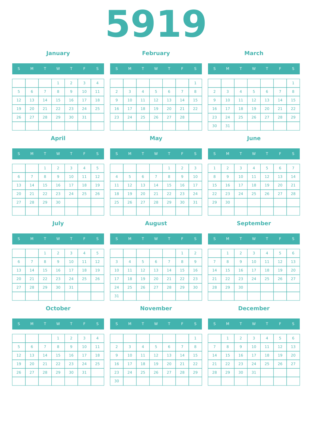 Printable 5919 Year Calendars verdigris
