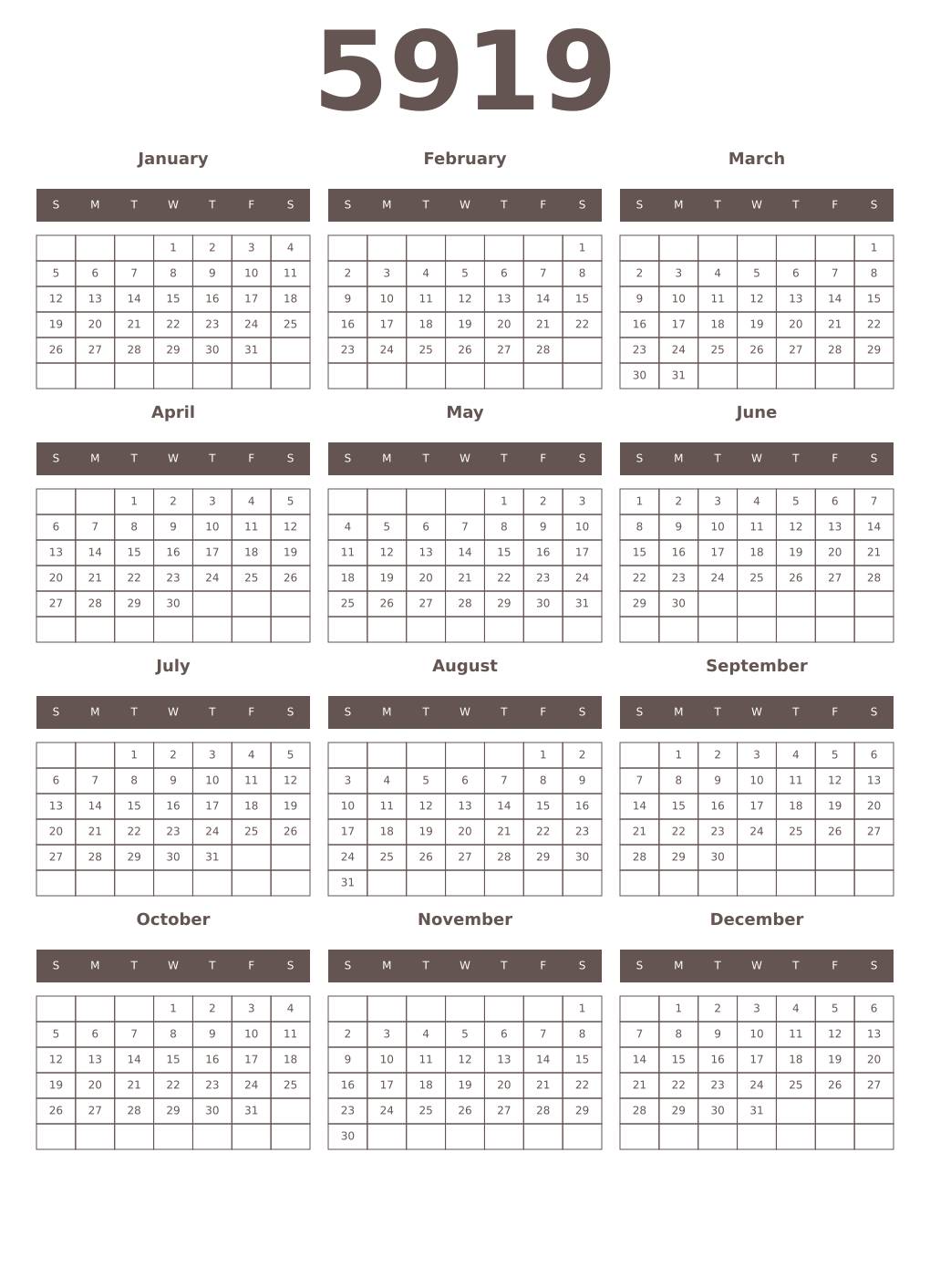 Printable 5919 Year Calendars wenge