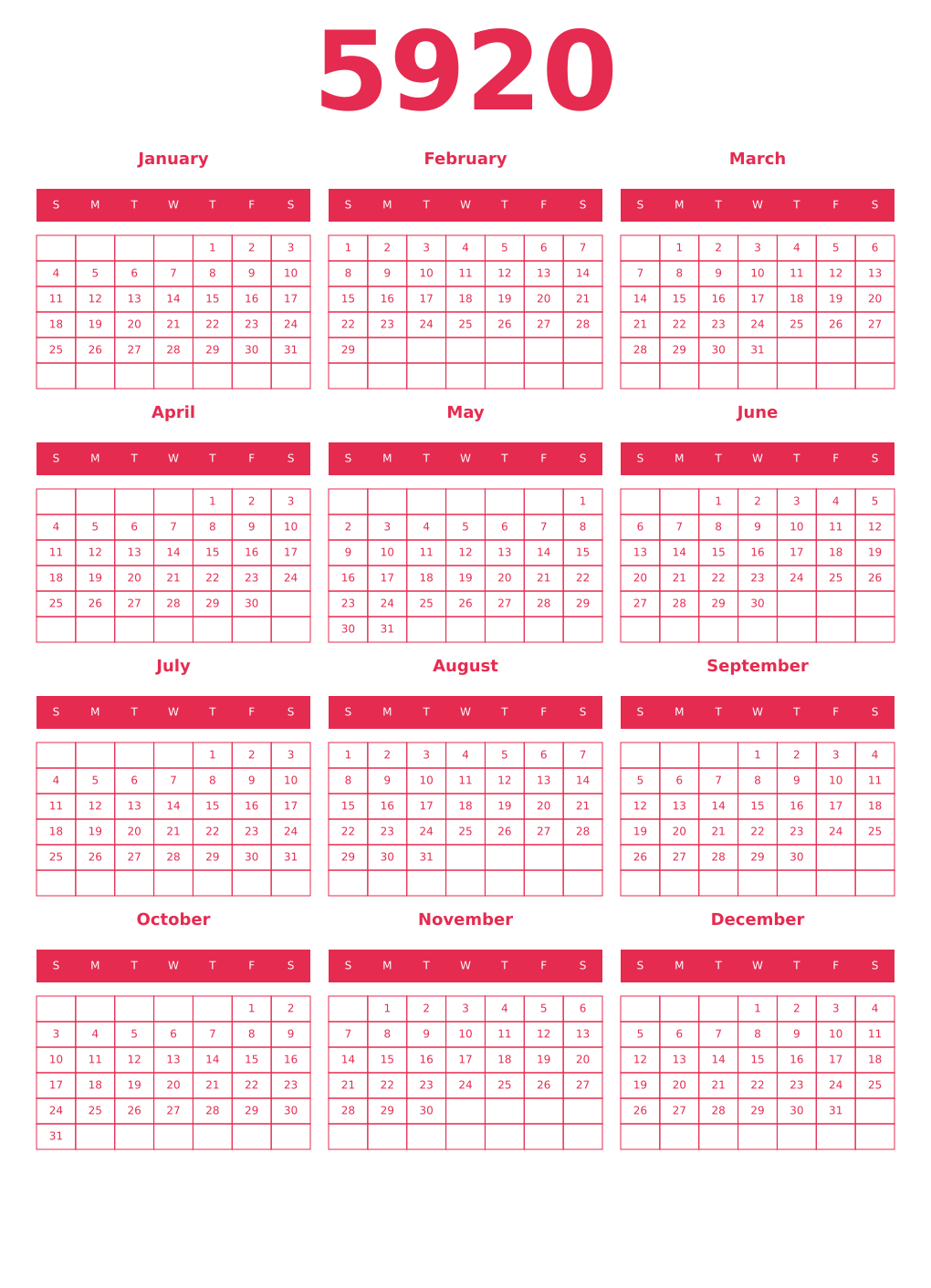 Printable 5920 Year Calendars amaranth