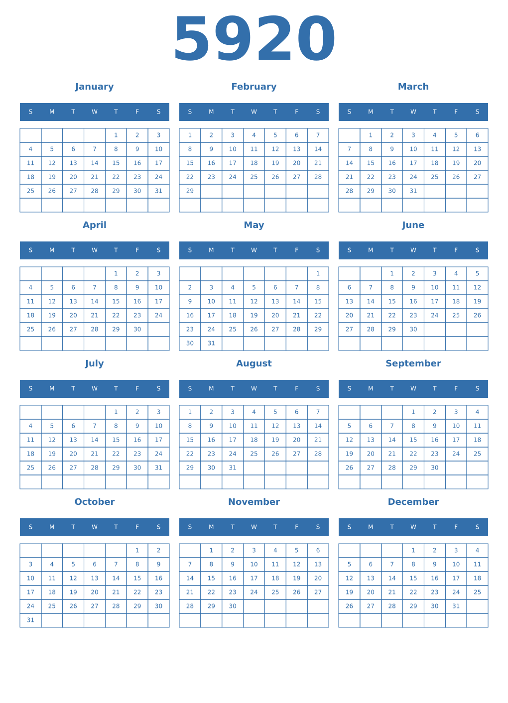 Printable 5920 Year Calendars blue