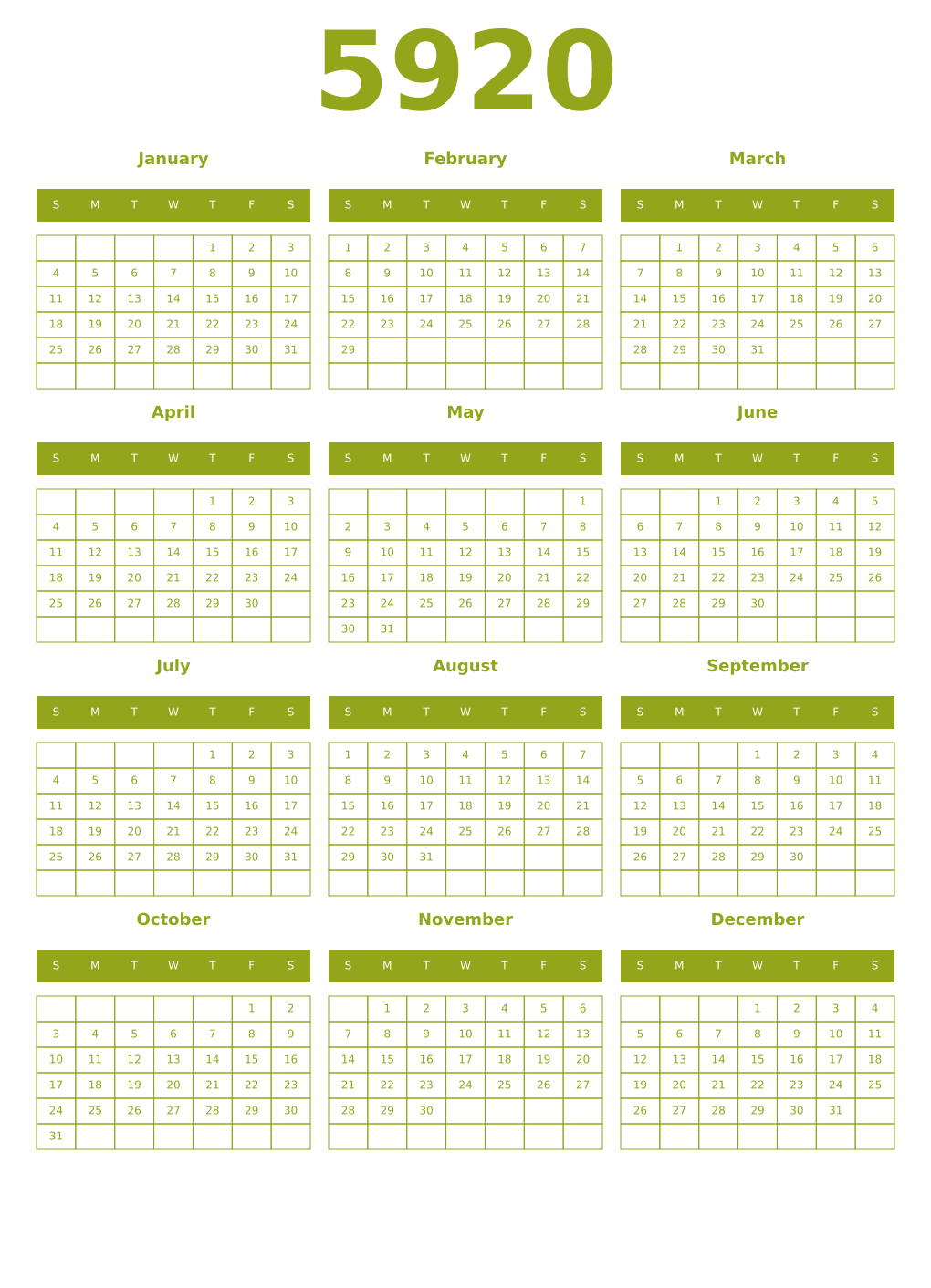 Printable 5920 Year Calendars chartreuse
