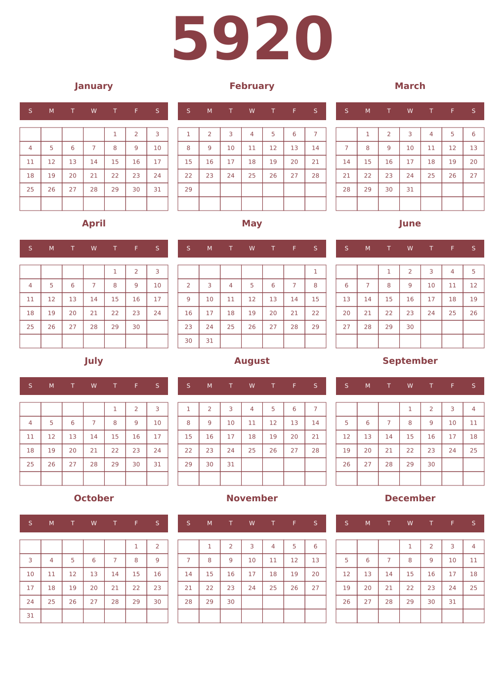 Printable 5920 Year Calendars cordovan