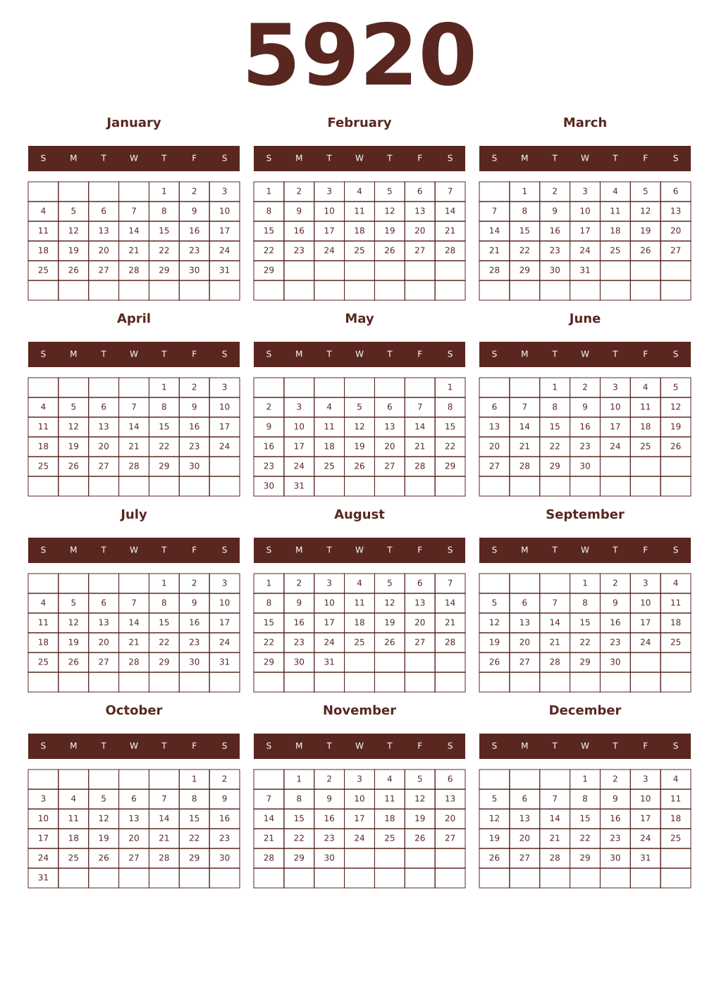 Printable 5920 Year Calendars mortuum
