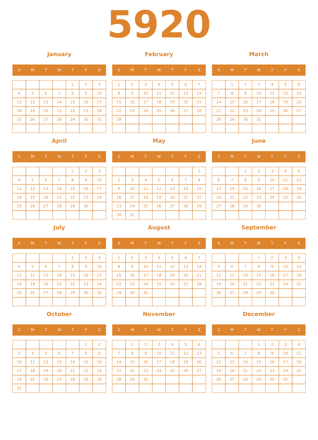 Printable 5920 Year Calendars orange