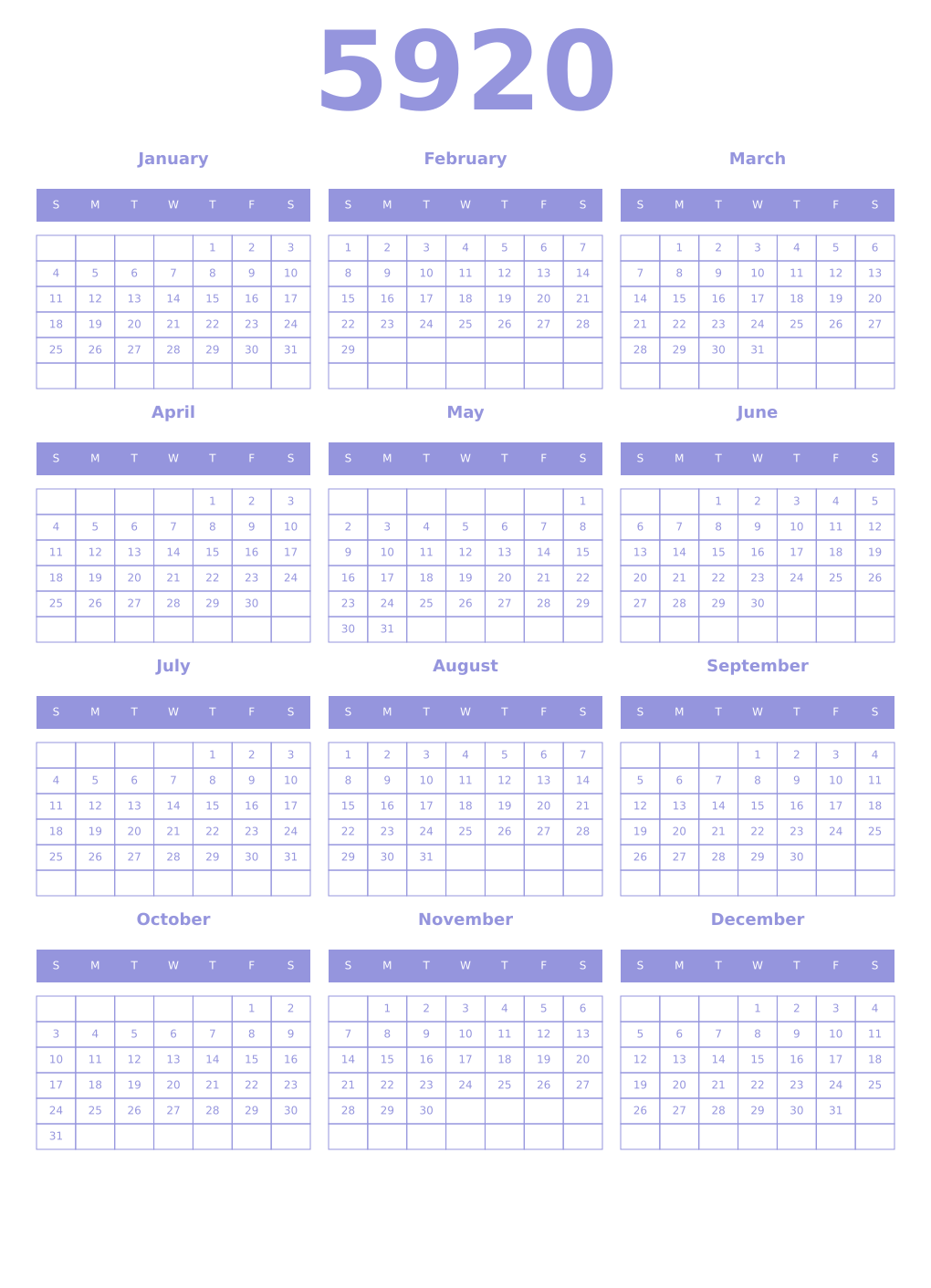 Printable 5920 Year Calendars periwinkle