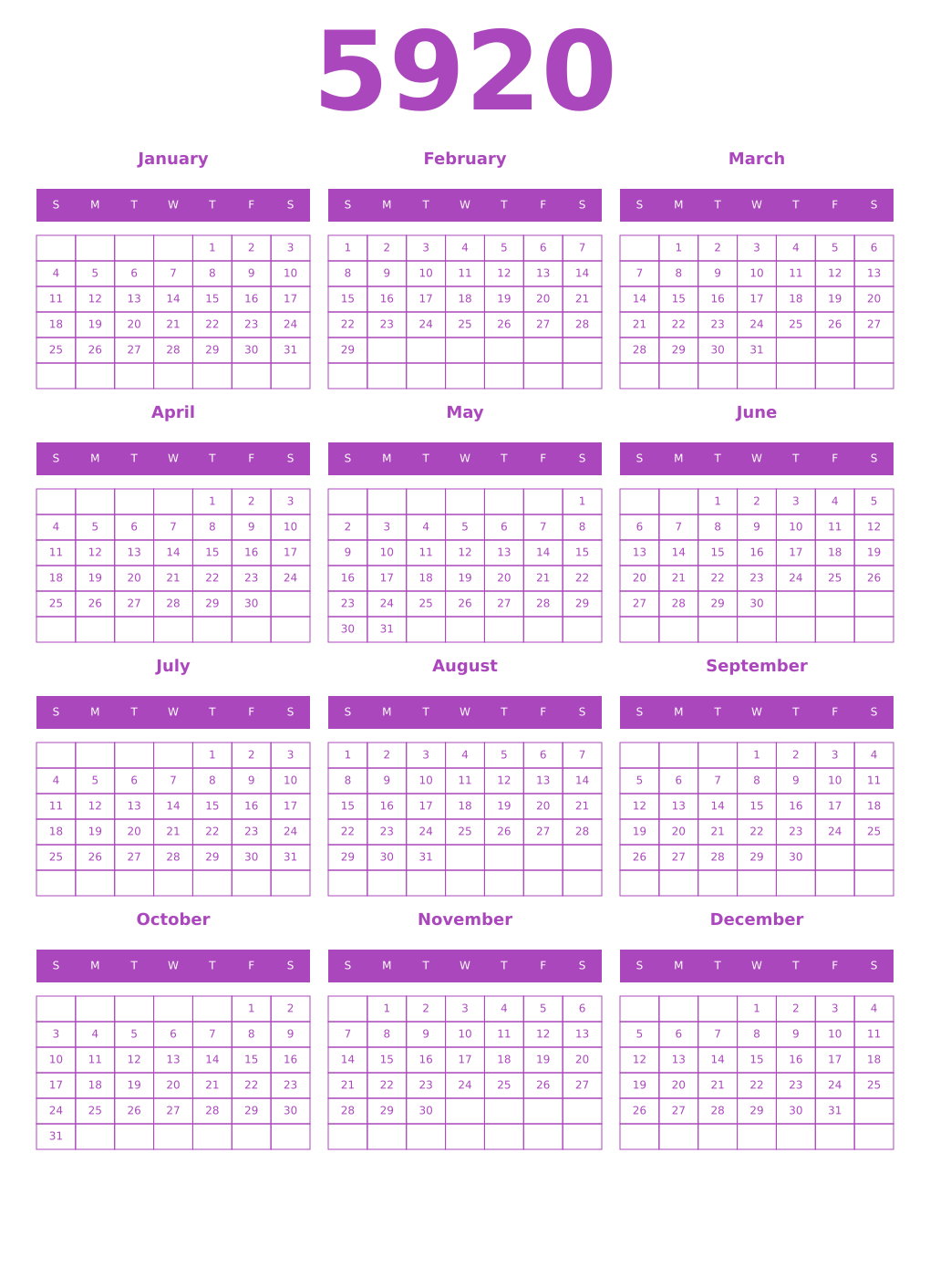 Printable 5920 Year Calendars purple