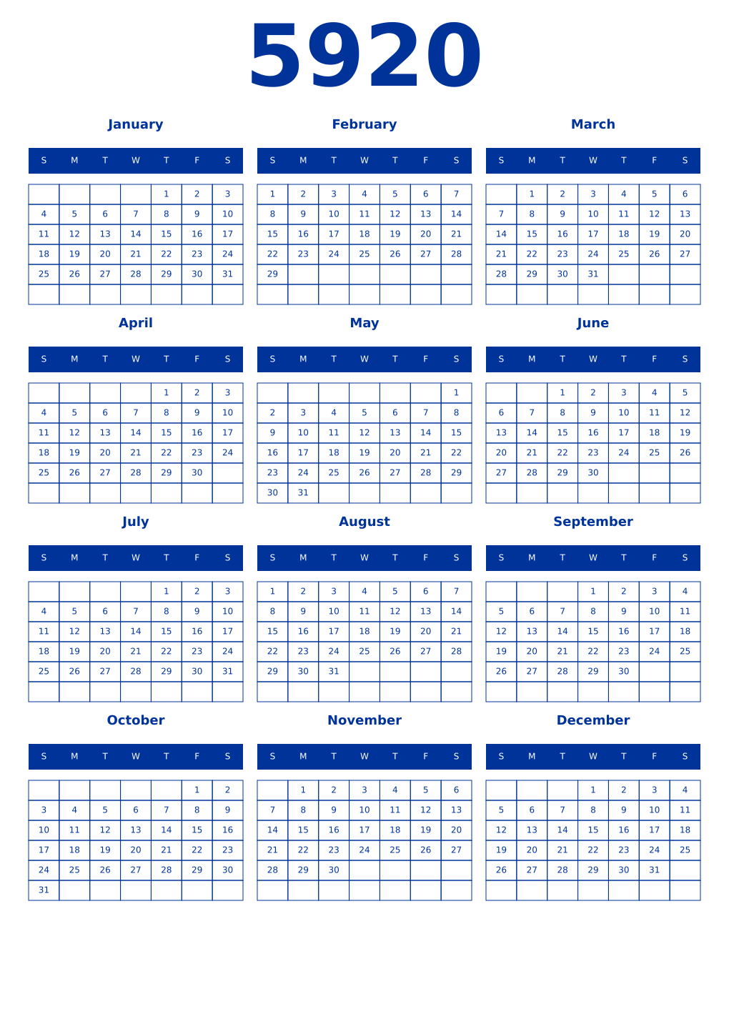 Printable 5920 Year Calendars smalt