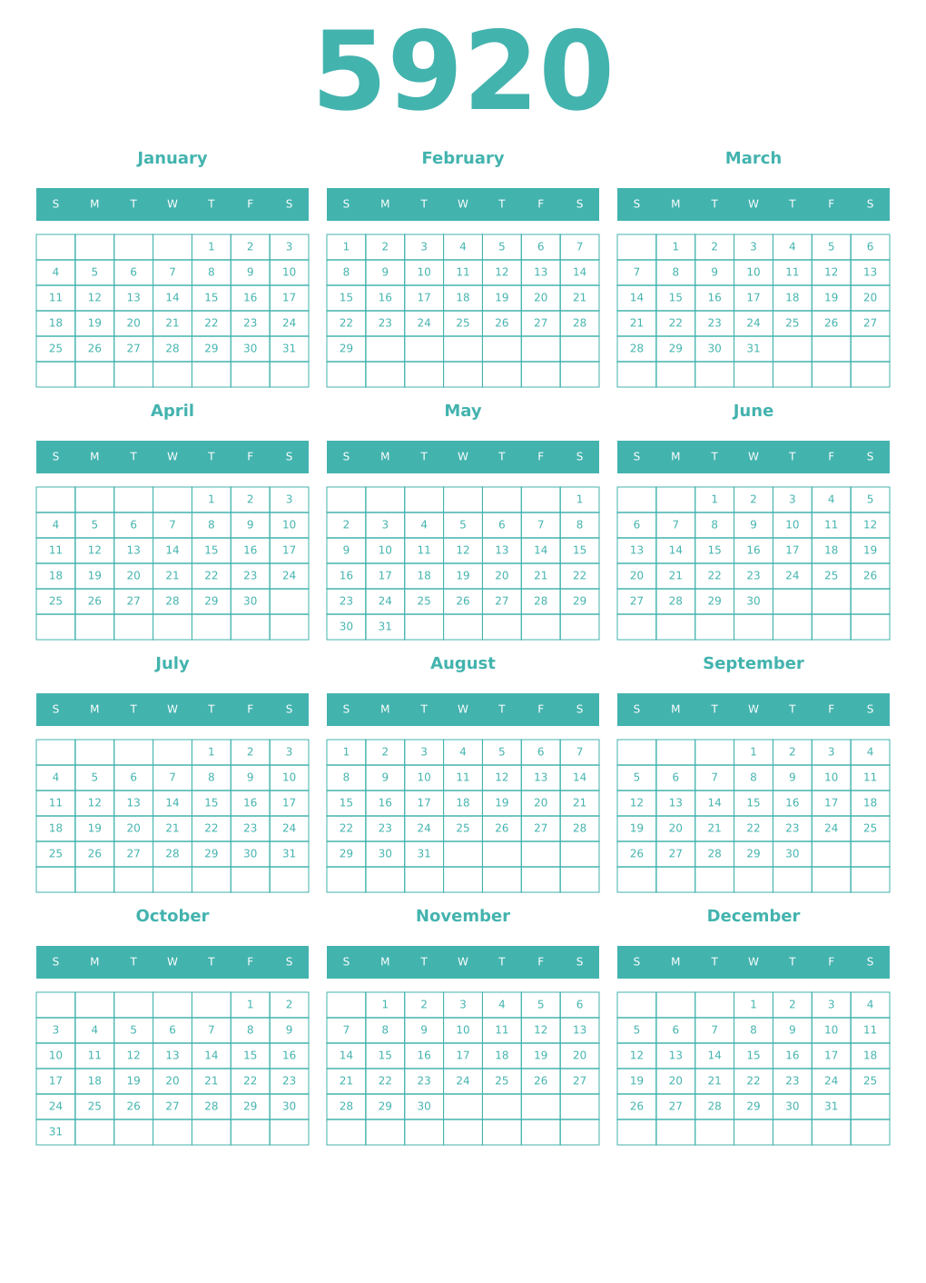 Printable 5920 Year Calendars verdigris
