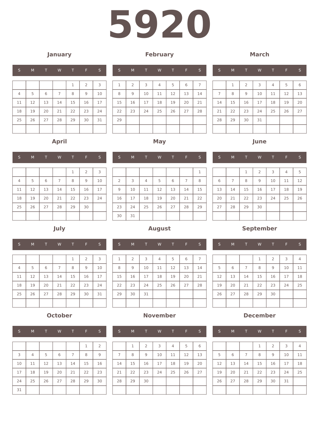 Printable 5920 Year Calendars wenge