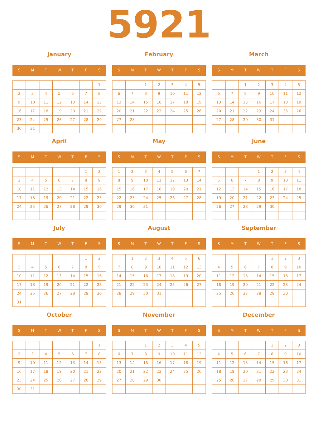 Printable 5921 Year Calendars orange