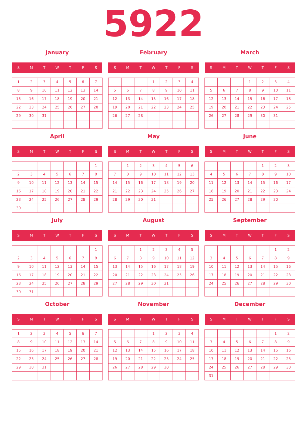 Printable 5922 Year Calendars amaranth