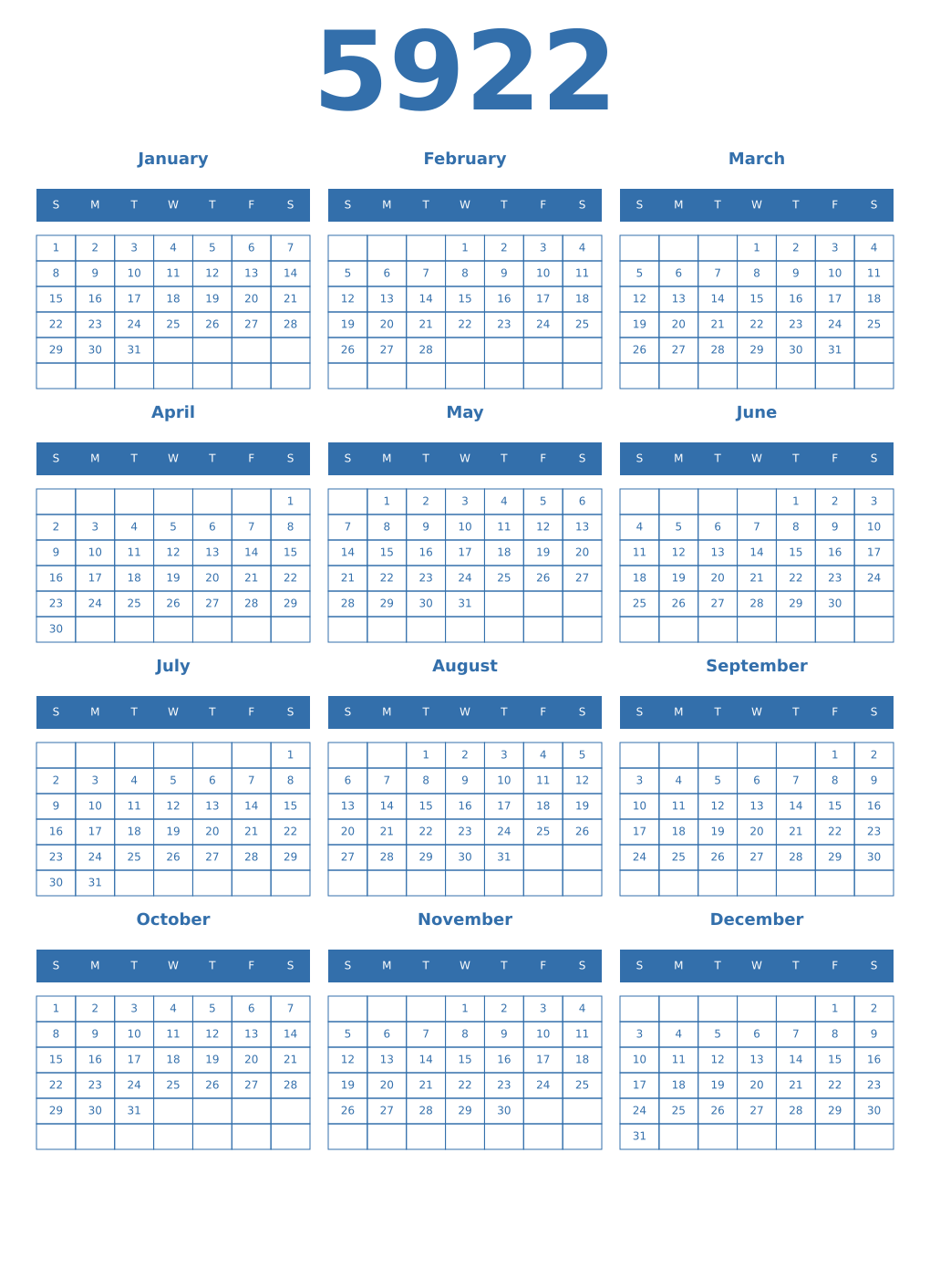 Printable 5922 Year Calendars blue