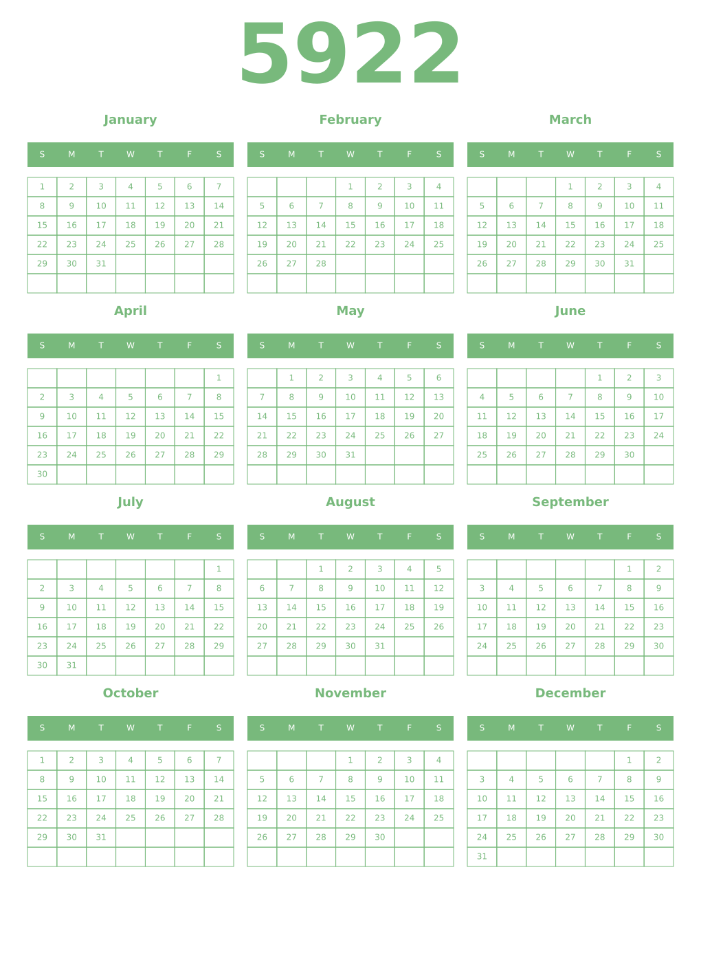 Printable 5922 Year Calendars celadon
