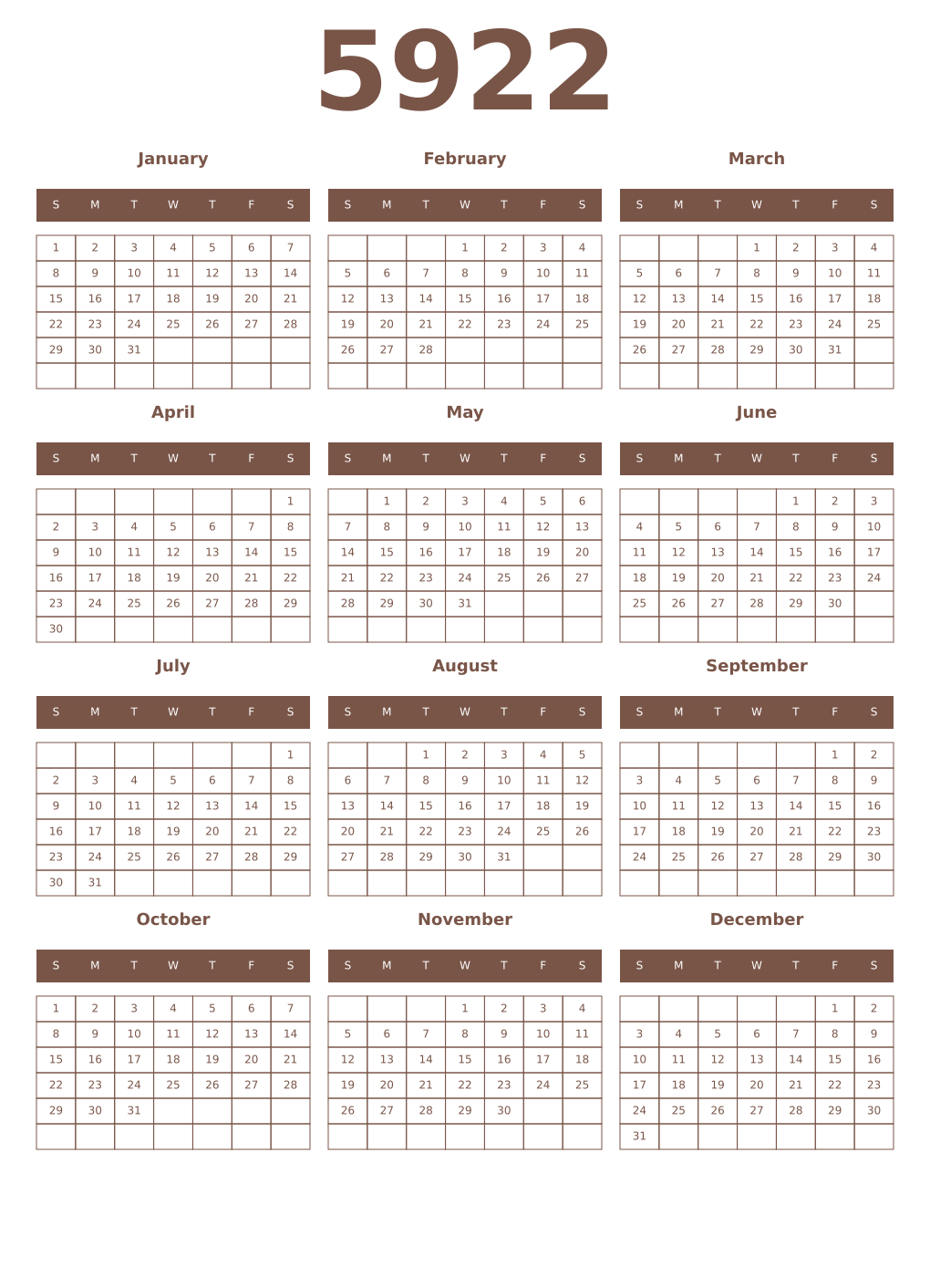 Printable 5922 Year Calendars coffe