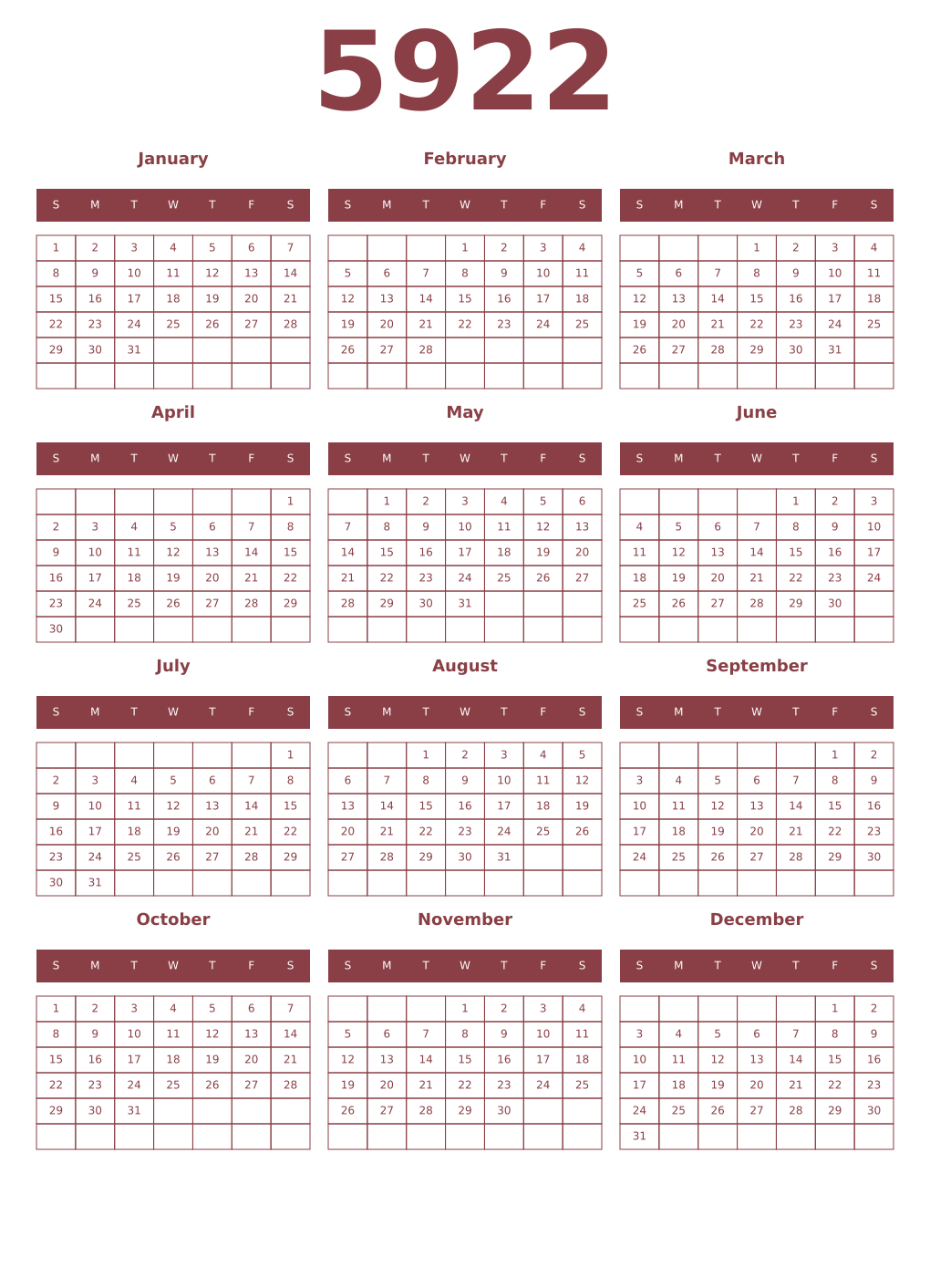 Printable 5922 Year Calendars cordovan