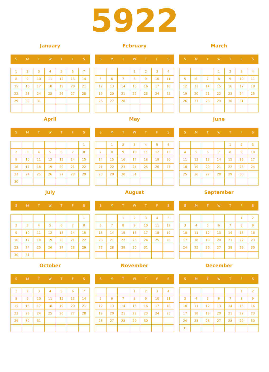Printable 5922 Year Calendars gamboge