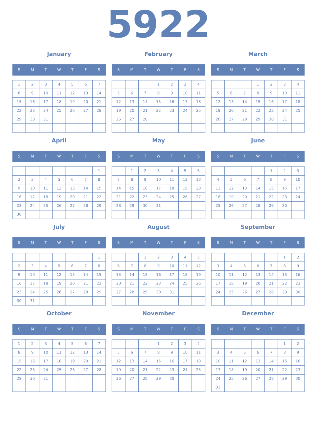 Printable 5922 Year Calendars glaucous