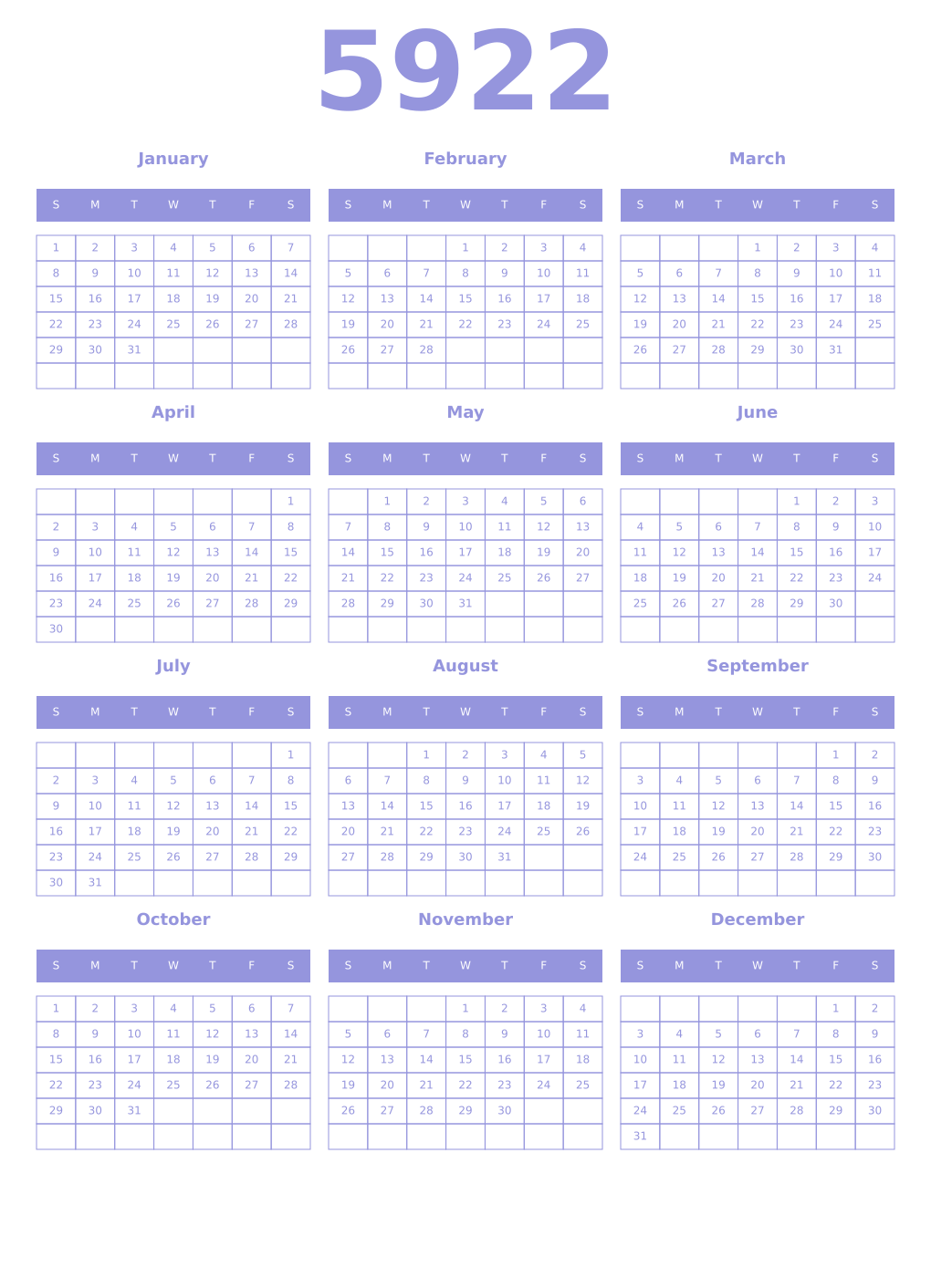Printable 5922 Year Calendars periwinkle