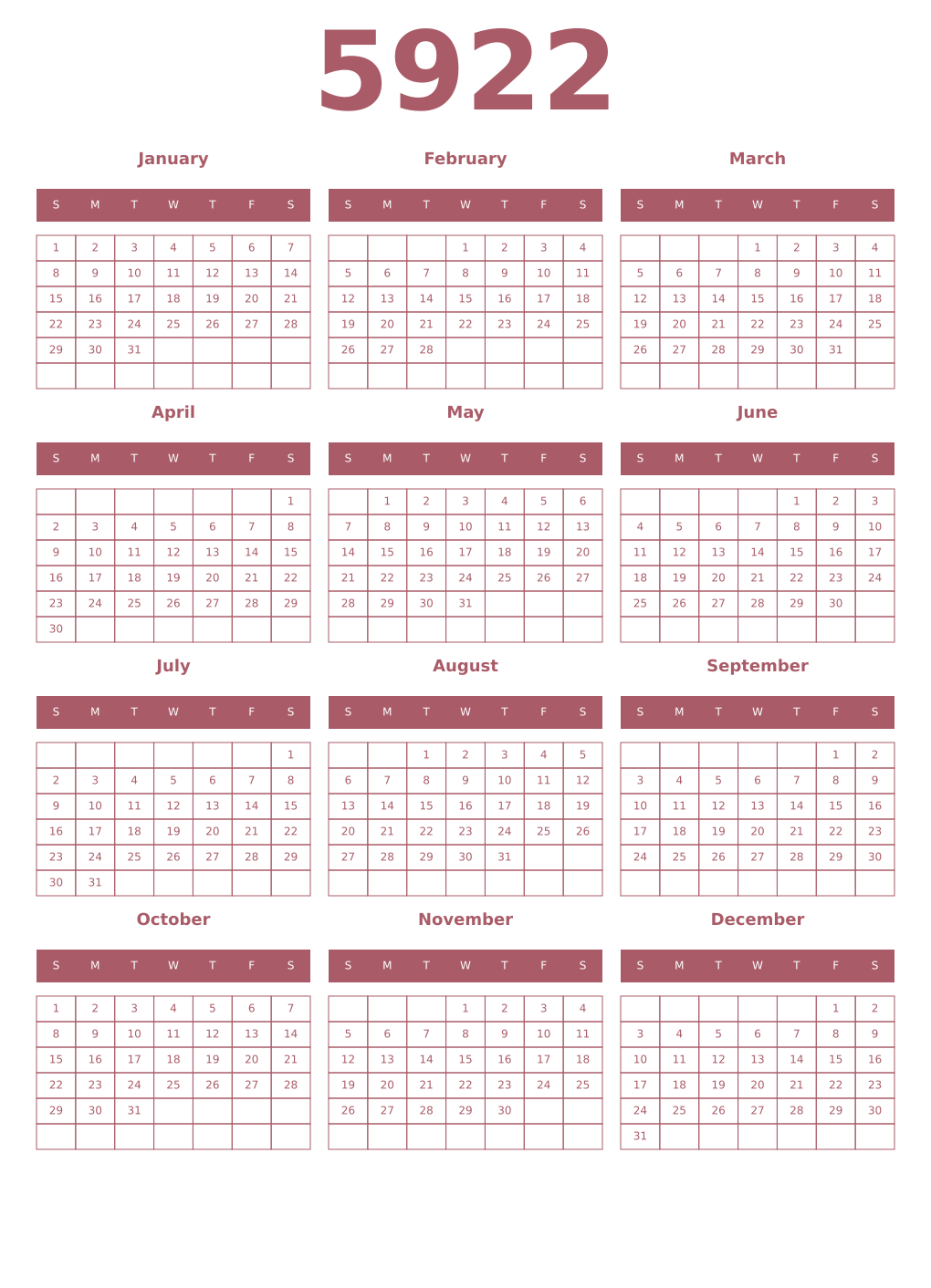 Printable 5922 Year Calendars puce