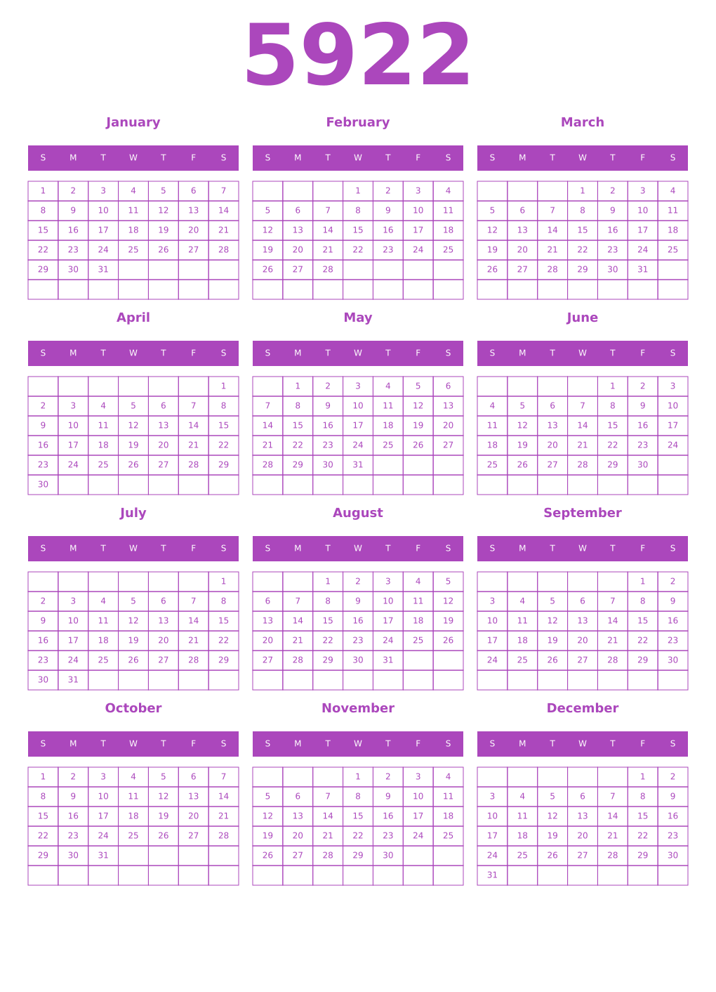 Printable 5922 Year Calendars purple