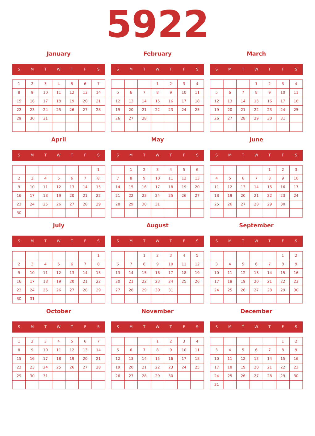 Printable 5922 Year Calendars red