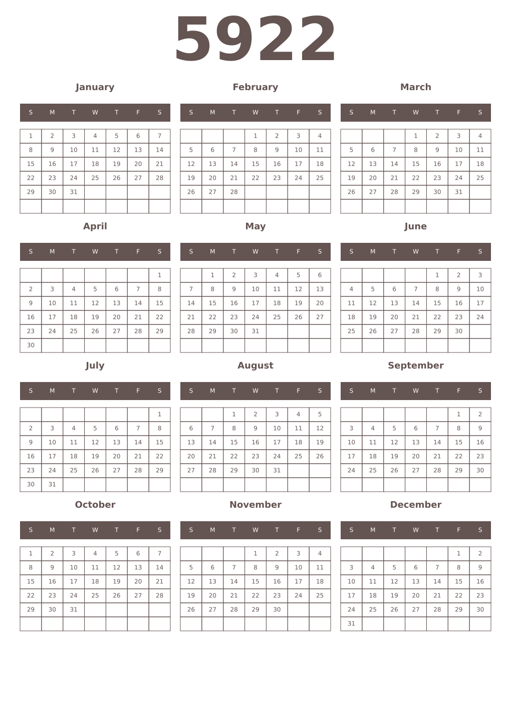 Printable 5922 Year Calendars wenge