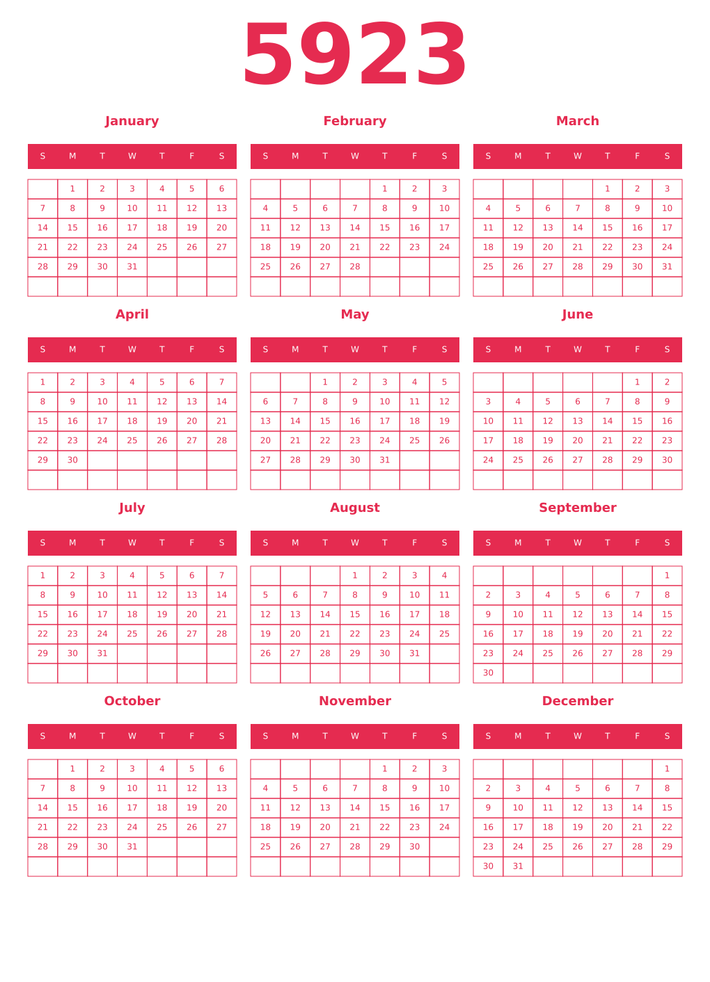 Printable 5923 Year Calendars amaranth