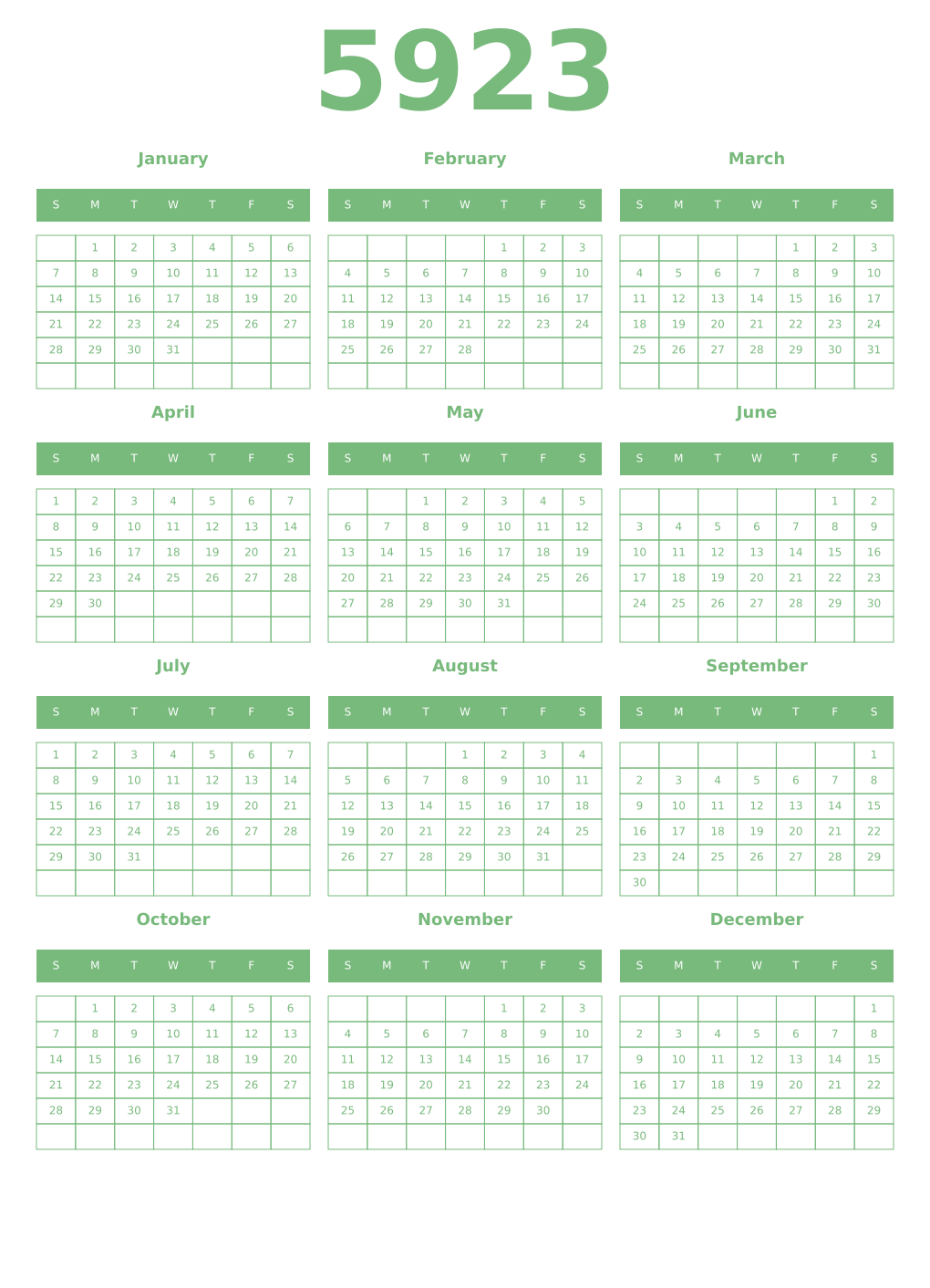 Printable 5923 Year Calendars celadon
