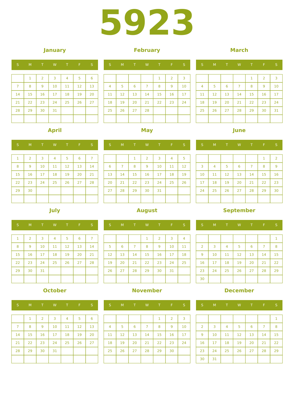 Printable 5923 Year Calendars chartreuse