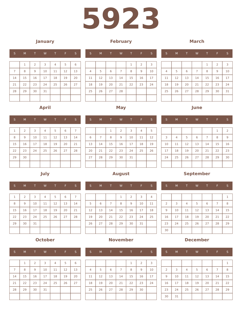 Printable 5923 Year Calendars coffe
