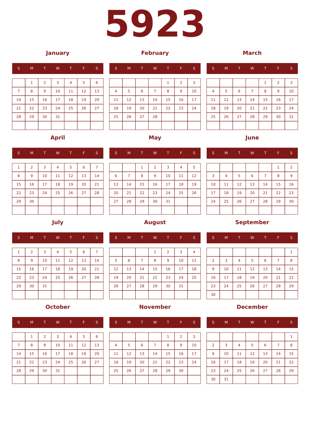 Printable 5923 Year Calendars falu