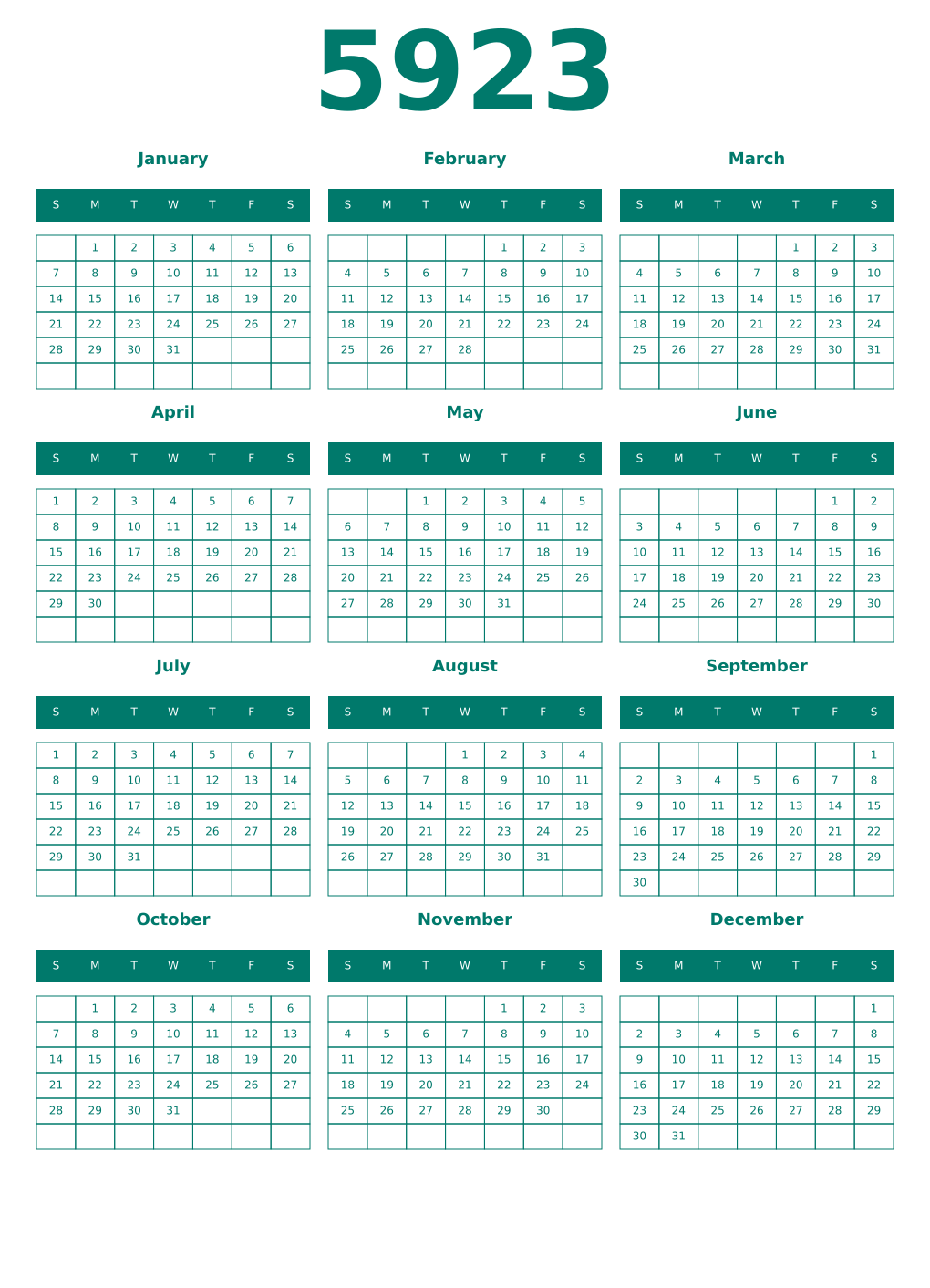 Printable 5923 Year Calendars pastel