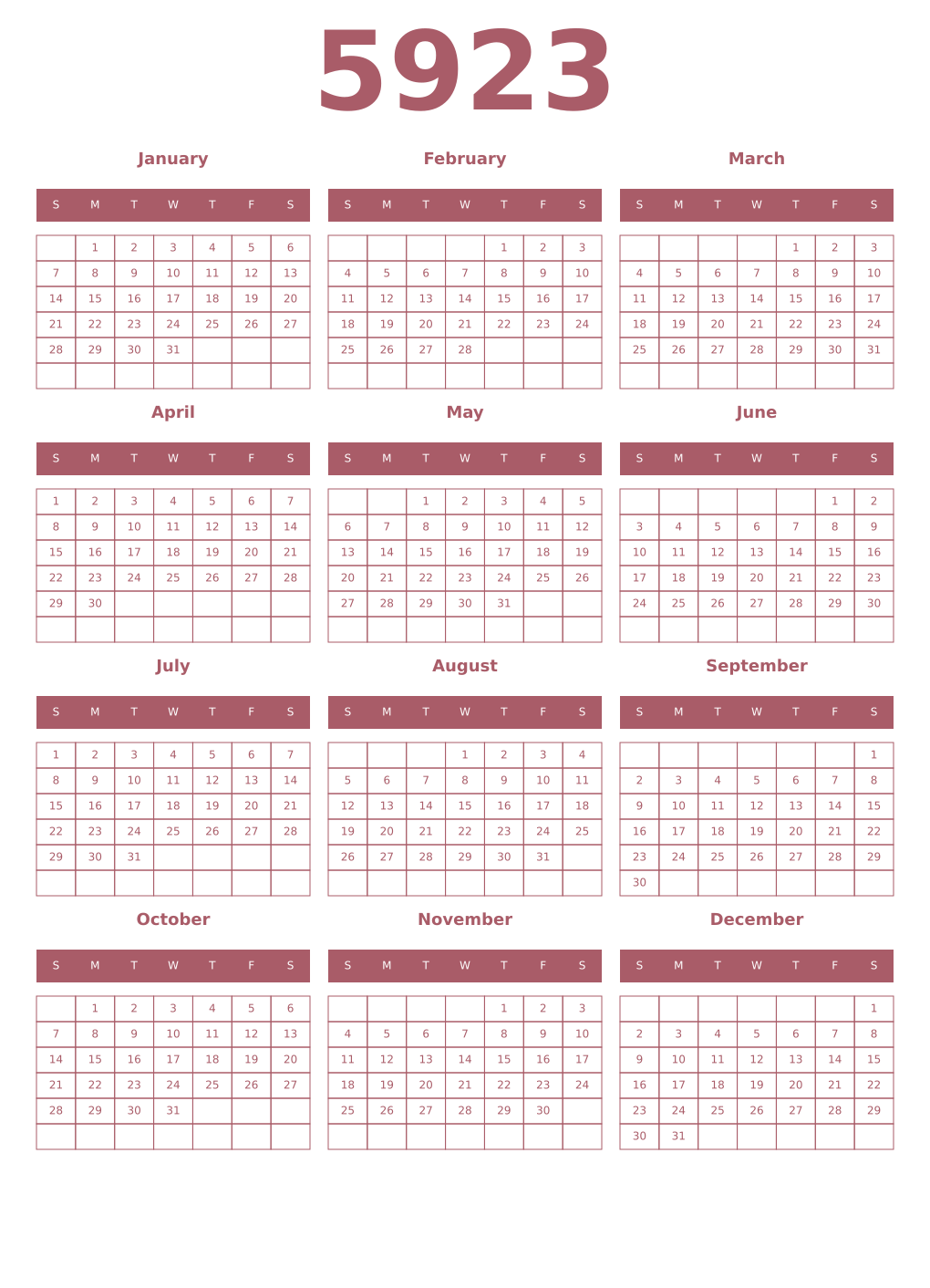 Printable 5923 Year Calendars puce