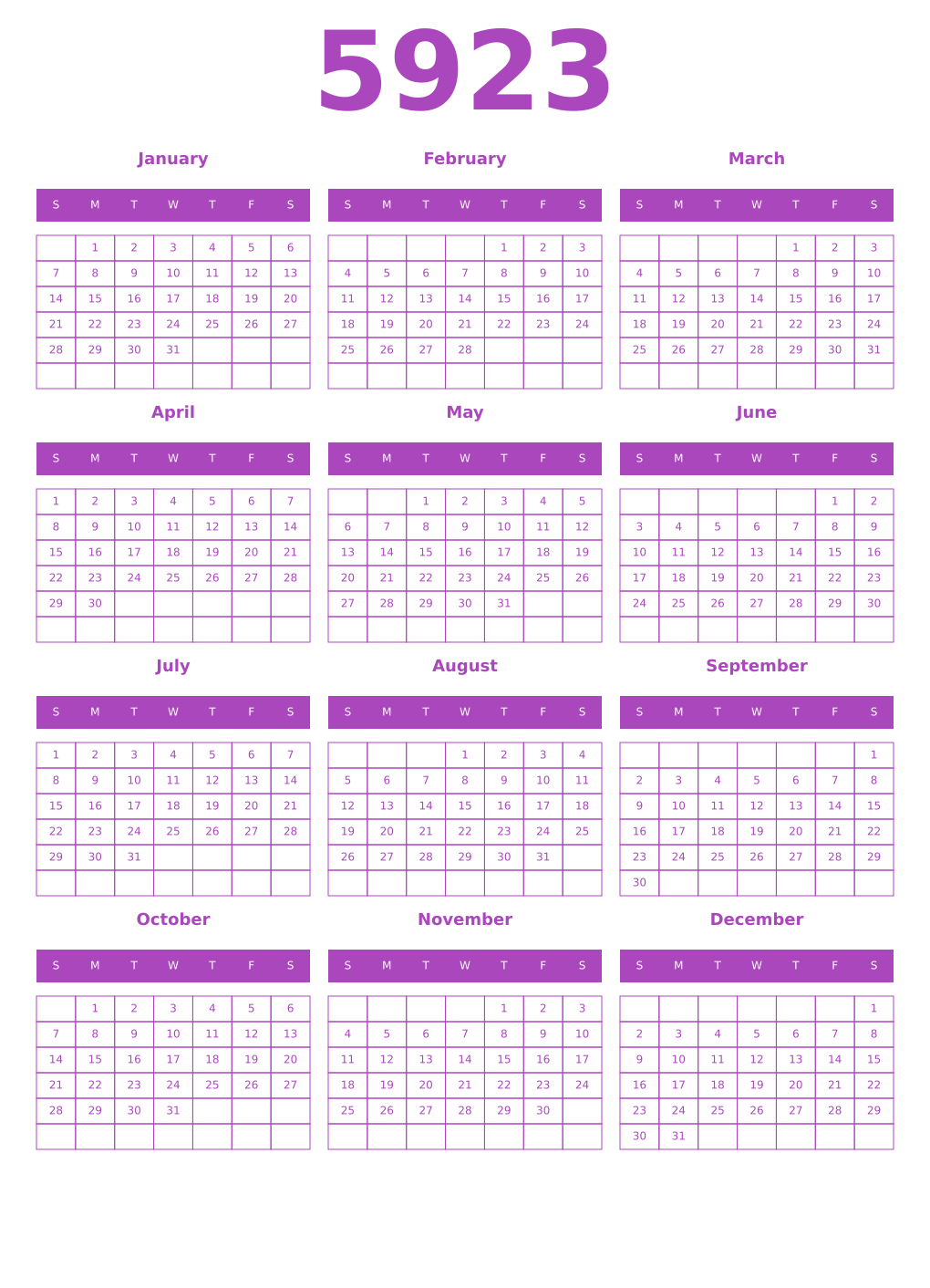 Printable 5923 Year Calendars purple