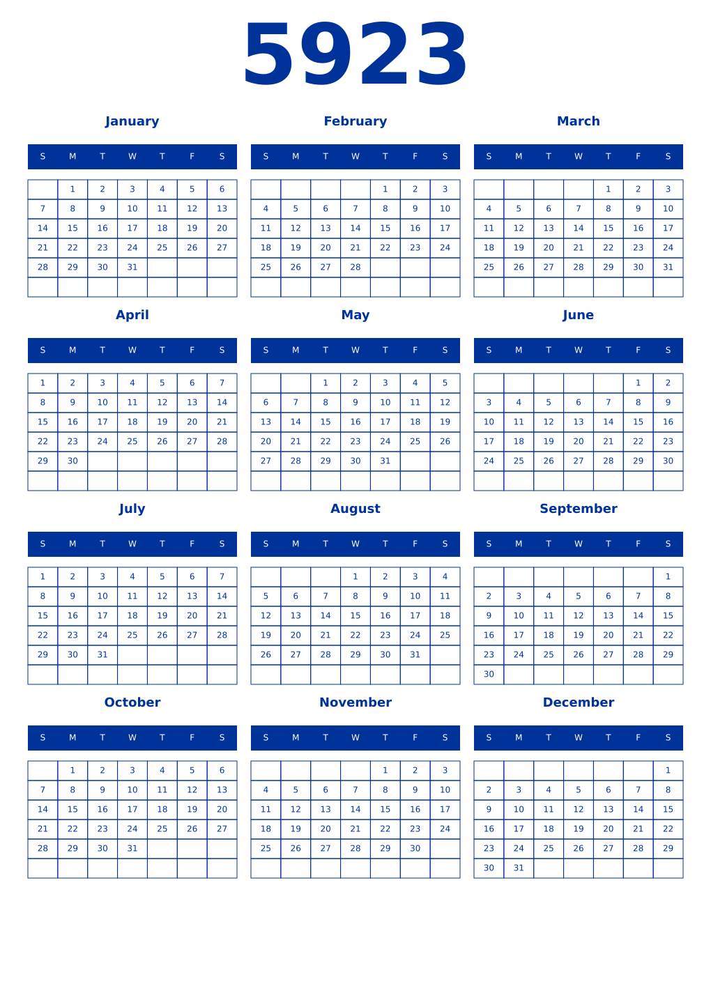 Printable 5923 Year Calendars smalt