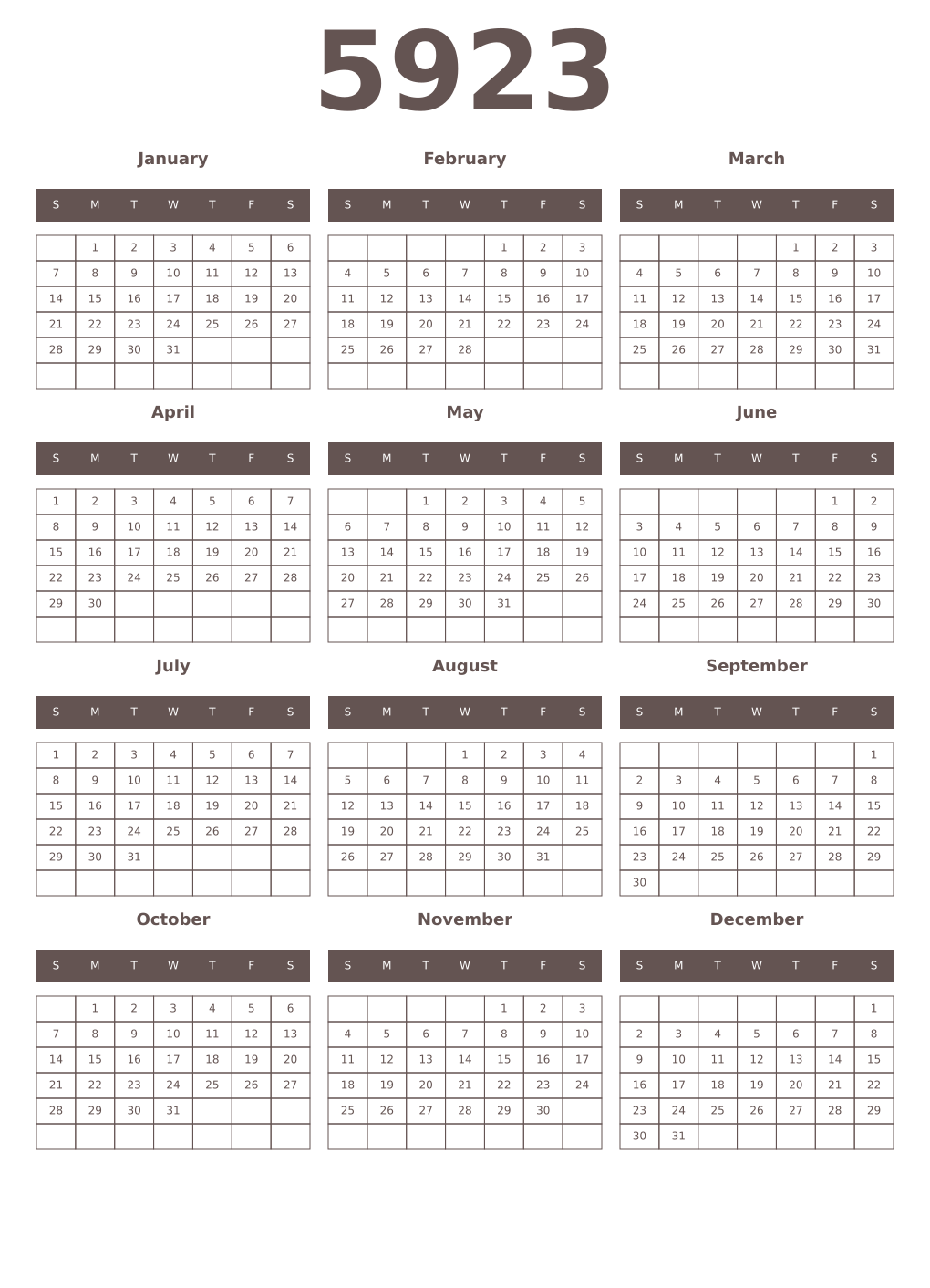 Printable 5923 Year Calendars wenge